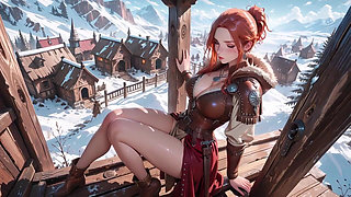 Redhead Warrior in Snow! Forbidden Leather Armor Seduction in Medieval Village. Cold Queen Unzips Her Gear & Goes Wild!