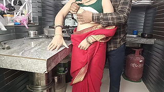 In the Kitchen, Stepbrother Fucks a Beautiful Stepsister in the Red Saree