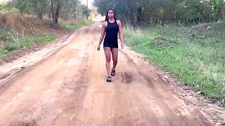 Buff Latina wanna try risky anal-to-pussy fuck outdoor wearing tight shorts