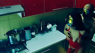 Beautiful Slender Wife in Erotic Bodysuit Fucked in the Kitchen in All Positions