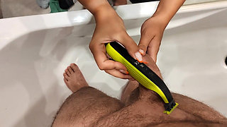 The New Job of My Sexy Wife. Helps to Shave Penis and Give Handjob