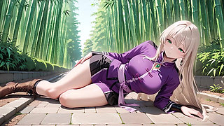Purple Kimono Warrior! Forbidden Teasing in the Japanese Dojo. Kneeling with a sword, lifting her hem to reveal secrets.