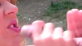 Blonde teen gets banged outdoors