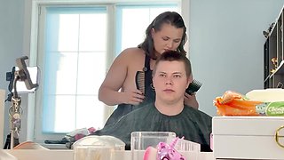 Voluptuous milf gives her grown-up stepson a haircut and works his cock