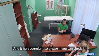 Blonda nurse in full uniform bangs her recent patient - fake medical center