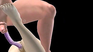 Animated 3D Porn - Beautiful Girl and Asian Man Double Dildo Doggy While Man Stroking