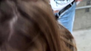 Blonde beauty gets fucked hard by two strangers right outside the car