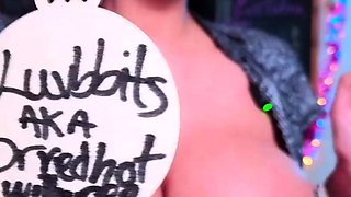 Busty curly brunette with big boobs fucks on couch