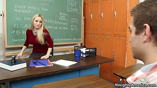 Horny blonde teacher Aiden Starr wears her best lingerie for her handsome student