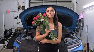 Brunettes Gi and Alexa take turns sucking each other off in a random guy's garage