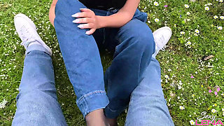 Greek Mountain Wild Footjob with Sweaty Nylon Feet - Outdoor Cum on Soles