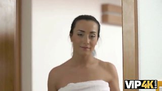 Sexy bombshell leaves shower to have hard sex with mature guy