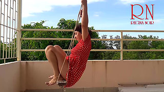 Beutiful lady swinging without panties on a swing outdoors. Slow motion 127 1