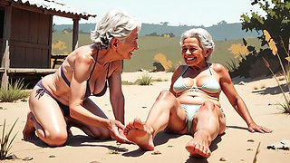 Two Skinny 90 Year Old Grannies - One Licks the Other's Feet in Humiliation
