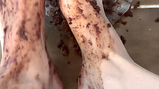 Destroying chocolate cake with my feet