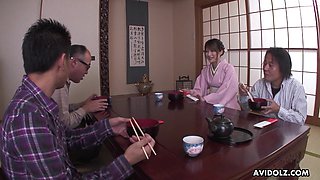Japanese geisha Keiko Shinohara is masturbating pussy in front of clients