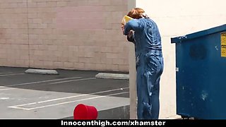 Thin cheerleader tied up and banged by janitor