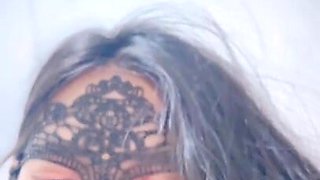 Asian in mask shows her big nipples in POV home video
