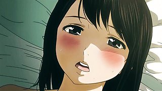 Black hair ponytail anime girl on green couch with lamp yellow blinds nervous guy