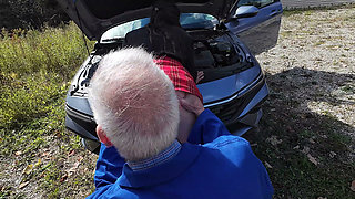 Old Mechanic Licks Young Wet Pussy and Tight Asshole