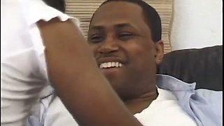 Black stud fucks ebony whore's shaved pussy then shoots load on her torso