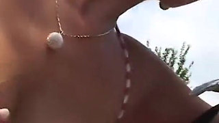 Blonde milf with huge boobs gets fucked outdoors