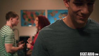 Big breast teacher fucks two students