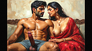 Desi bhabhi gives a sloppy blowjob to her stepson and her classmate who visits his home