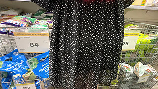 She shows a pink pussy in the store. He gives her cum in the ass and licks all the cum asshole