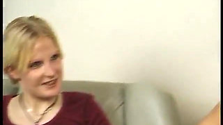 Blonde teen showing her small tits at casting