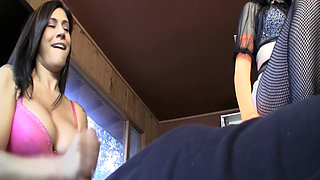 Smoking Brunettes Fist and Foot Dominate Leaking Cock