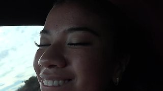 Brunette with nice tits is going to suck dick in a car